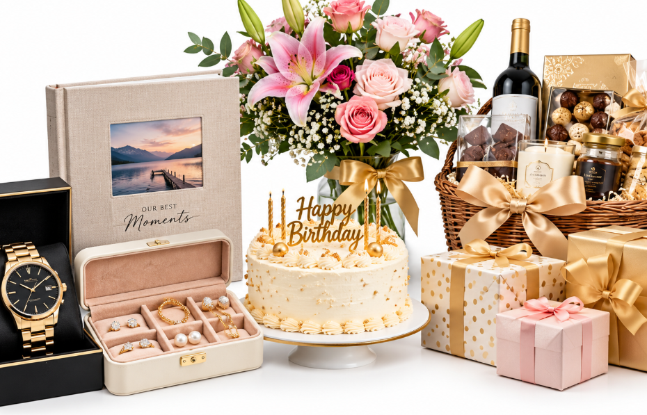 50th birthday gift ideas including jewelry, watches, personalized keepsakes and gift baskets